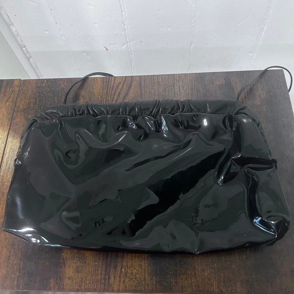 Vintage Black Patent Leather Ruched Frame Shoulder Bag Clutch Evening Purse